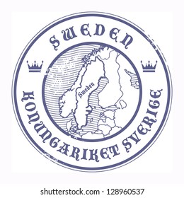Grunge rubber stamp with the name and map of Sweden, vector illustration