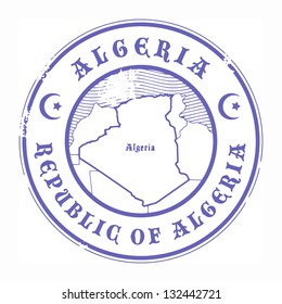 Grunge rubber stamp with the name and map of Algeria, vector illustration