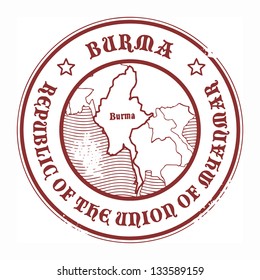 Grunge rubber stamp with the name and map of Burma, vector illustration