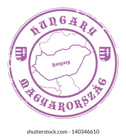 Grunge rubber stamp with the name and map of Hungary, vector illustration