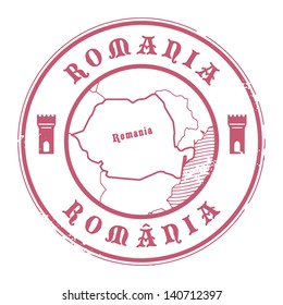 Grunge rubber stamp with the name and map of Romania, vector illustration