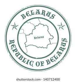 Grunge rubber stamp with the name and map of Belarus, vector illustration