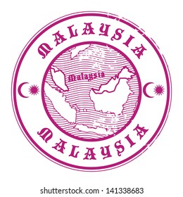 Grunge rubber stamp with the name and map of Malaysia, vector illustration