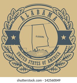 Grunge rubber stamp with name and map of Alabama, USA, vector illustration