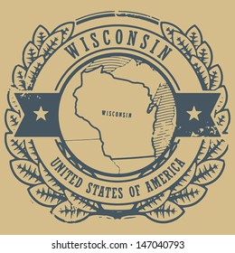 Grunge rubber stamp with name and map of Wisconsin, USA, vector illustration