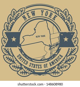 Grunge rubber stamp with name and map of New York, USA, vector illustration