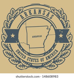 Grunge rubber stamp with name and map of Arkansas, USA, vector illustration