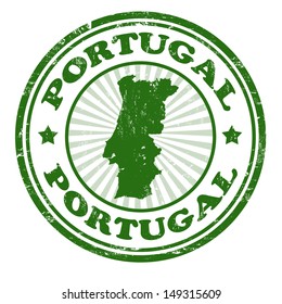 Grunge rubber stamp with the name and map of Portugal, vector illustration