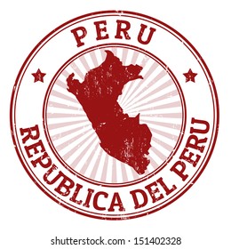 Grunge rubber stamp with the name and map of Peru, vector illustration