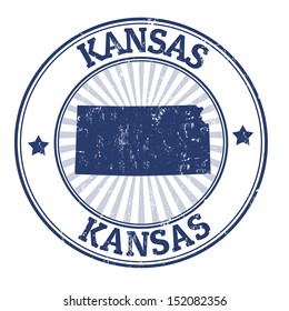 Grunge rubber stamp with the name and map of Kansas, vector illustration