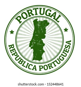 Grunge rubber stamp with the name and map of Portugal, vector illustration