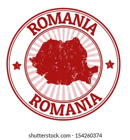 Grunge rubber stamp with the name and map of Romania, vector illustration