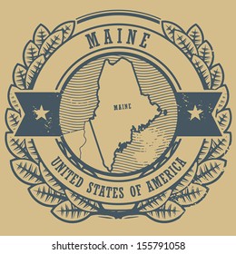Grunge rubber stamp with name and map of Maine, USA, vector illustration