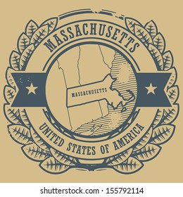 Grunge rubber stamp with name and map of Massachusetts, USA, vector illustration