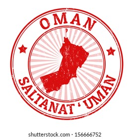 Grunge rubber stamp with the name and map of Oman, vector illustration