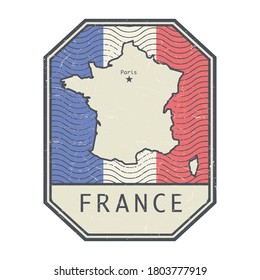 Sello de caucho ondulado con el nombre y mapa de Francia, ilustración vectorial