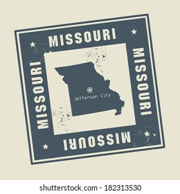 Grunge rubber stamp with name and map of Missouri, USA, vector illustration