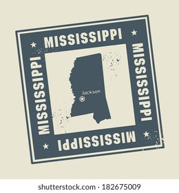 Grunge rubber stamp with name and map of Mississippi, USA, vector illustration
