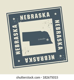 Grunge rubber stamp with name and map of Nebraska, USA, vector illustration