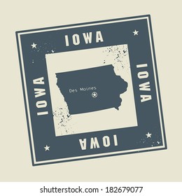 Grunge rubber stamp with name and map of Iowa, USA, vector illustration