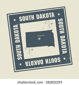 Grunge rubber stamp with name and map of South Dakota, USA, vector illustration