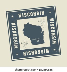 Grunge rubber stamp with name and map of Wisconsin, USA, vector illustration