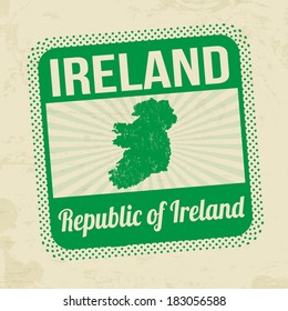Grunge rubber stamp with the name and map of Ireland on vintage background, vector illustration