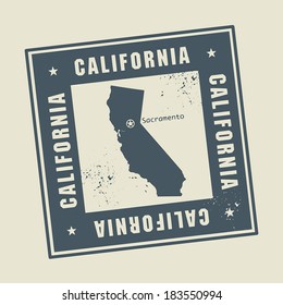 Grunge rubber stamp with name and map of California, USA, vector illustration