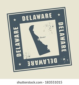 Grunge rubber stamp with name and map of Delaware, USA, vector illustration