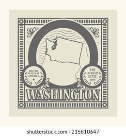 Grunge rubber stamp with name and map of Washington, USA, vector illustration