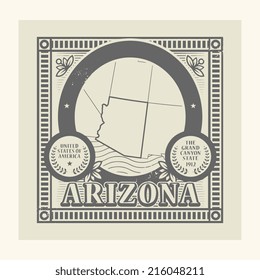 Grunge rubber stamp with name and map of Arizona, USA, vector illustration