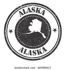 Grunge rubber stamp with the name and map of Alaska, vector illustration