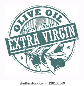 Grunge rubber stamp with the olives and text Extra Virgin Olive Oil, vector illustration