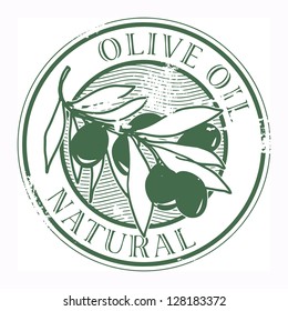 Grunge rubber stamp with the olives and text Olive Oil, vector illustration
