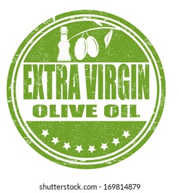 Grunge rubber stamp with the olives and text Extra Virgin Olive Oil, vector illustration