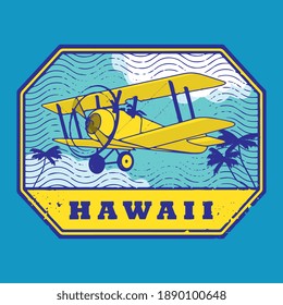 Grunge rubber stamp with palms, vintage biplane and the word Havaii inside, vector illustration