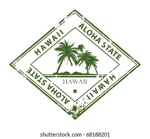 Grunge rubber stamp with palms and the word Hawaii inside, vector illustration