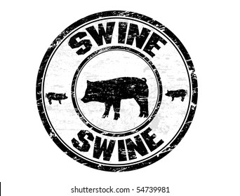 Grunge rubber stamp with the pig shape and the text swine written inside the stamp