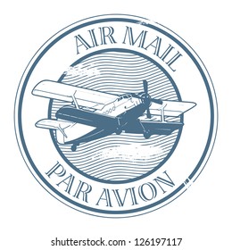 Grunge rubber stamp with plane and the text air mail, par avion written inside the stamp, vector illustration