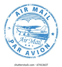 Grunge rubber stamp with plane and the text air mail, par avion written inside the stamp, vector illustration