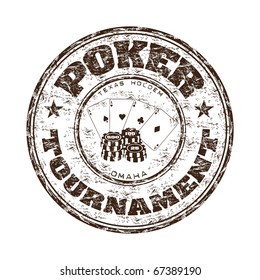 Grunge rubber stamp with poker cards, chips and the text poker tournament written inside the stamp