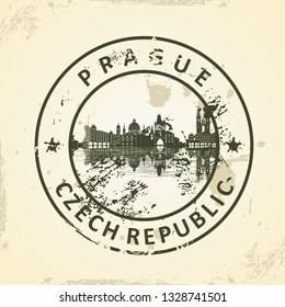 Grunge rubber stamp with Prague Skyline - vector illustration