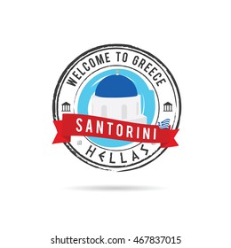 grunge rubber stamp with red ribbon and Greek island Santorini illustration in colorful