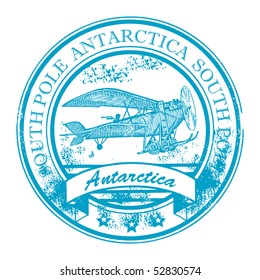 Grunge rubber stamp with retro Airplane and the word Antarctica, South Pole inside, vector illustration