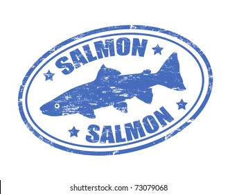 Grunge rubber stamp of a salmon fish and the word salmon written inside