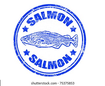 Grunge rubber stamp of a salmon fish and the word salmon written inside