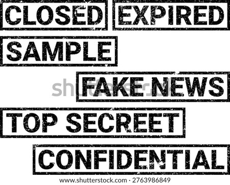 Grunge rubber stamp set with closed expired sample fake news top secret confidential labels isolated on transparent background