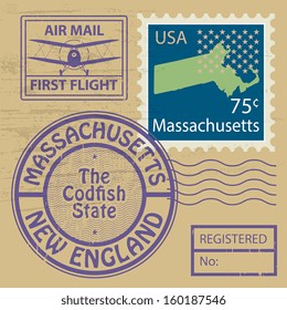 Grunge rubber stamp set with name of Massachusetts, vector illustration