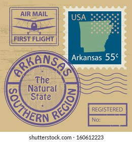 Grunge rubber stamp set with name of Arkansas, vector illustration
