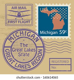 Grunge rubber stamp set with name of Michigan, vector illustration